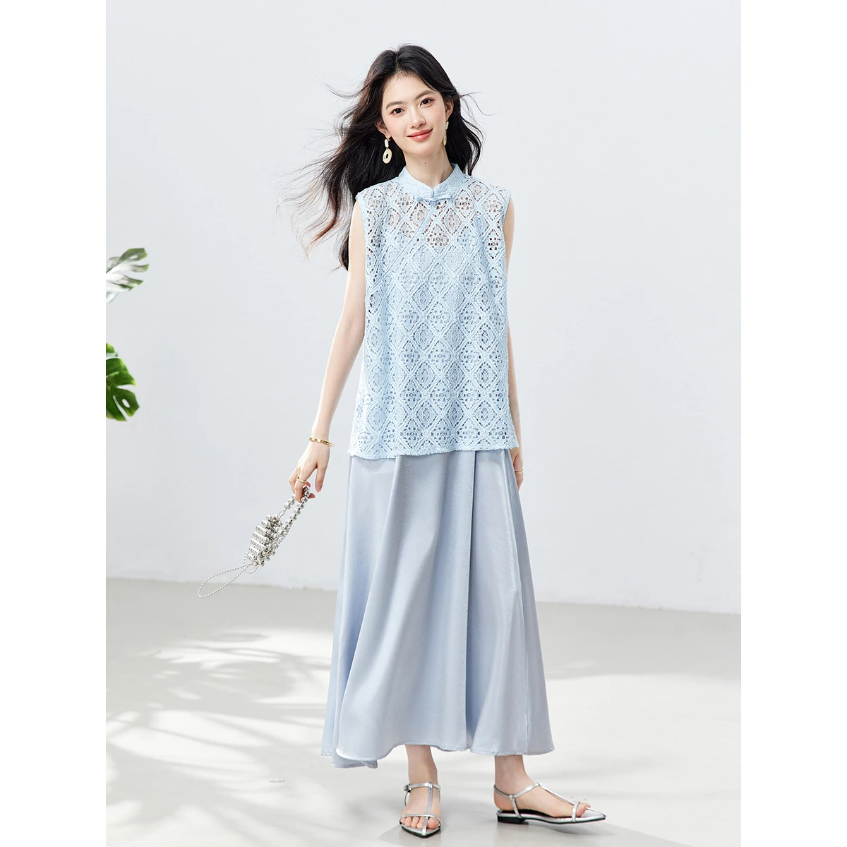 VIMLY Elegant Women's Dress Two-piece Set Heavy Cutout Crochet Sleeveless Top Satin Slip Dress Light Blue Summer Outfits 30960 view 5