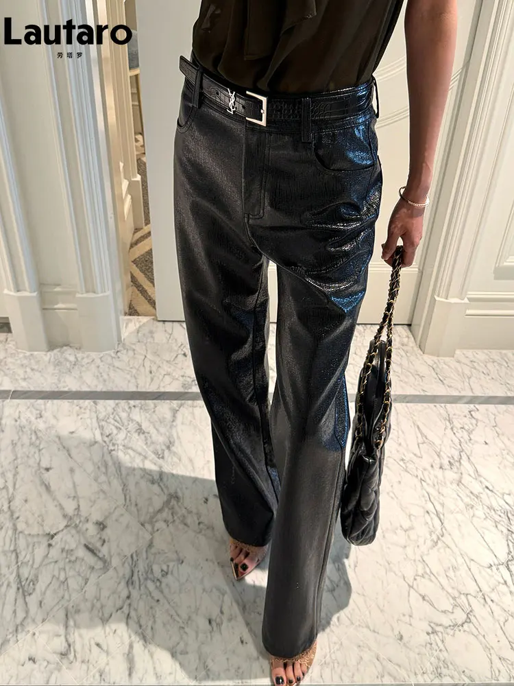 Lautaro Frühling Herbst Glänzende Eidechsen-Print PU-Leder Gerade Hose Damen Hohe Taille 2026 Schicke Luxusmarken Alternative Hose