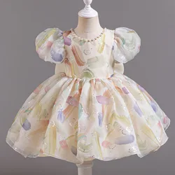 Girl's New Printed Pearl Bubble Sleeves Mesh Fluffy Dress Wedding Flower Children's Day Stage Drama Performance Princess Dress