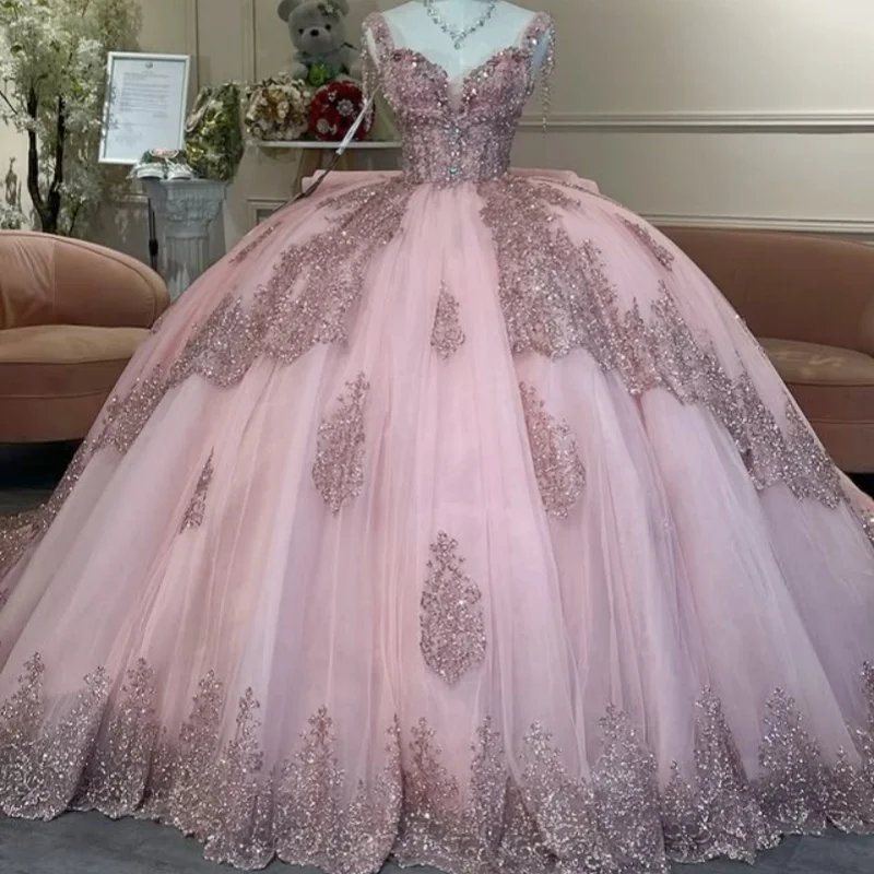 

Pink Quinceanera Dress glitter 3D flower crystal Decal Long tail Bow Lace layering Vestidos De 15 Quinceanera ﻿Customize