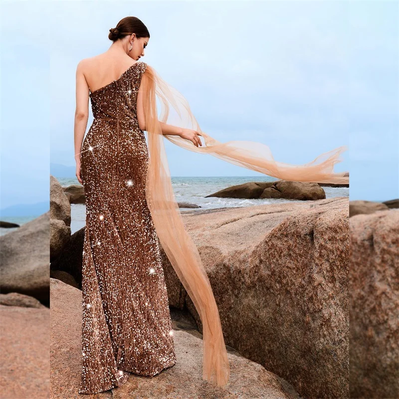 Sequins Cape Women's Prom Dress One-Shoulder Sleeveless Robes Floor Skirt Sexy Brown Long Mermaid Formal Elegant Evening Gown