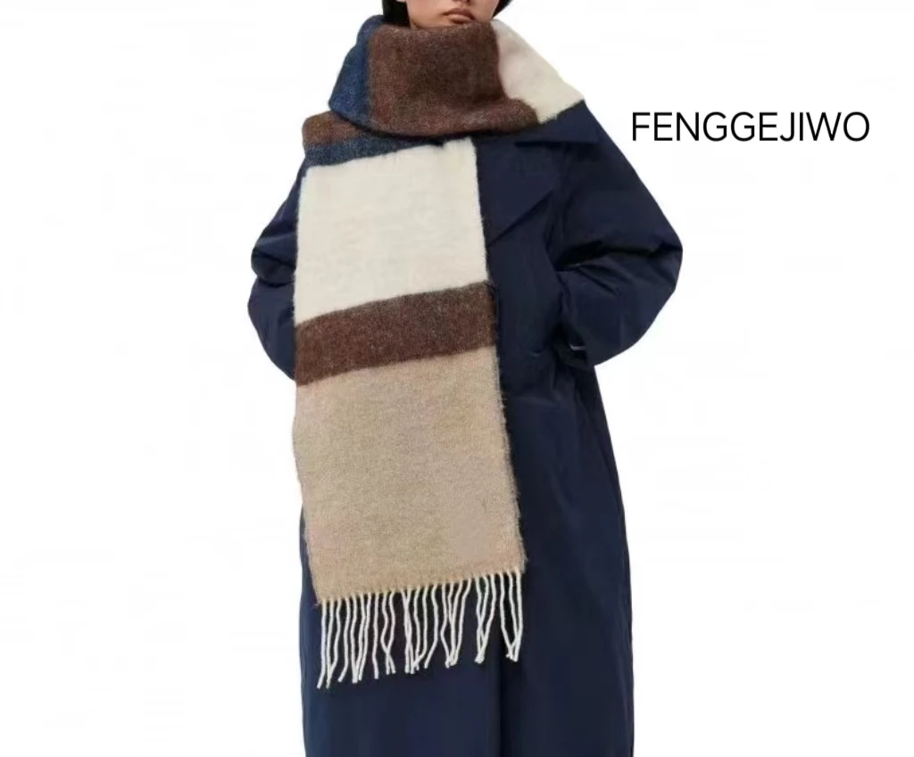 Fenggejiwo wool blend scarf women's casual scarf, cotton wool blend fluffy soft contrasting plaid fringe wool blend scarf