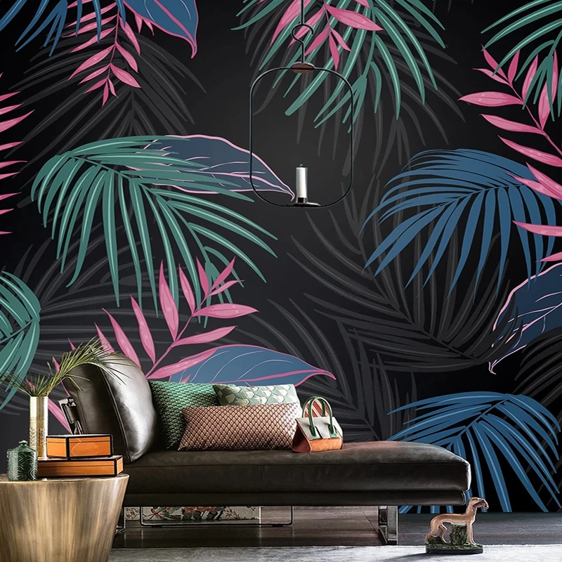 Modern Hand-painted Tropical Flowers Birds Custom Art Decor Mural Bedroom Living Room Black Background Painting Wallpaper 3D