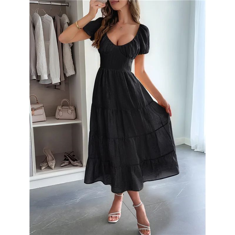 NUOVO-Abito longuette casual estivo da donna Abiti gonfi a maniche corte con scollo a V e volant a strati