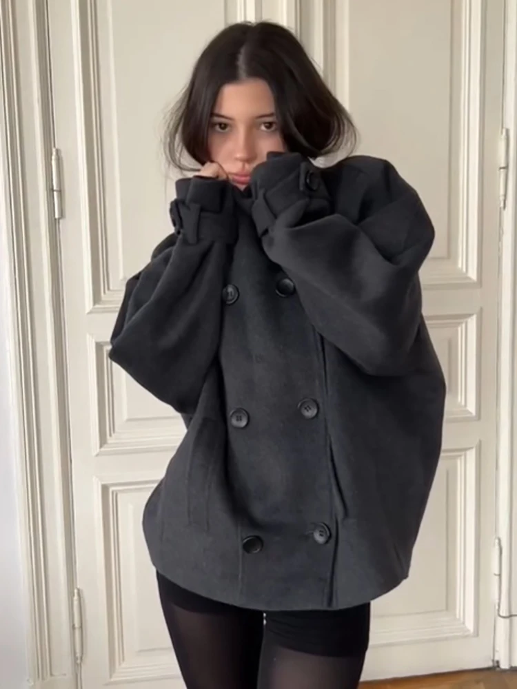 2026 Modischer Grauer Kunstwollmantel für Damen, Minimalistischer Stehkragen, Doppelreihige Lose Jacke, Frühling/Herbst, Einfarbige Damen-Oberbekleidung, Neu – Detail 14