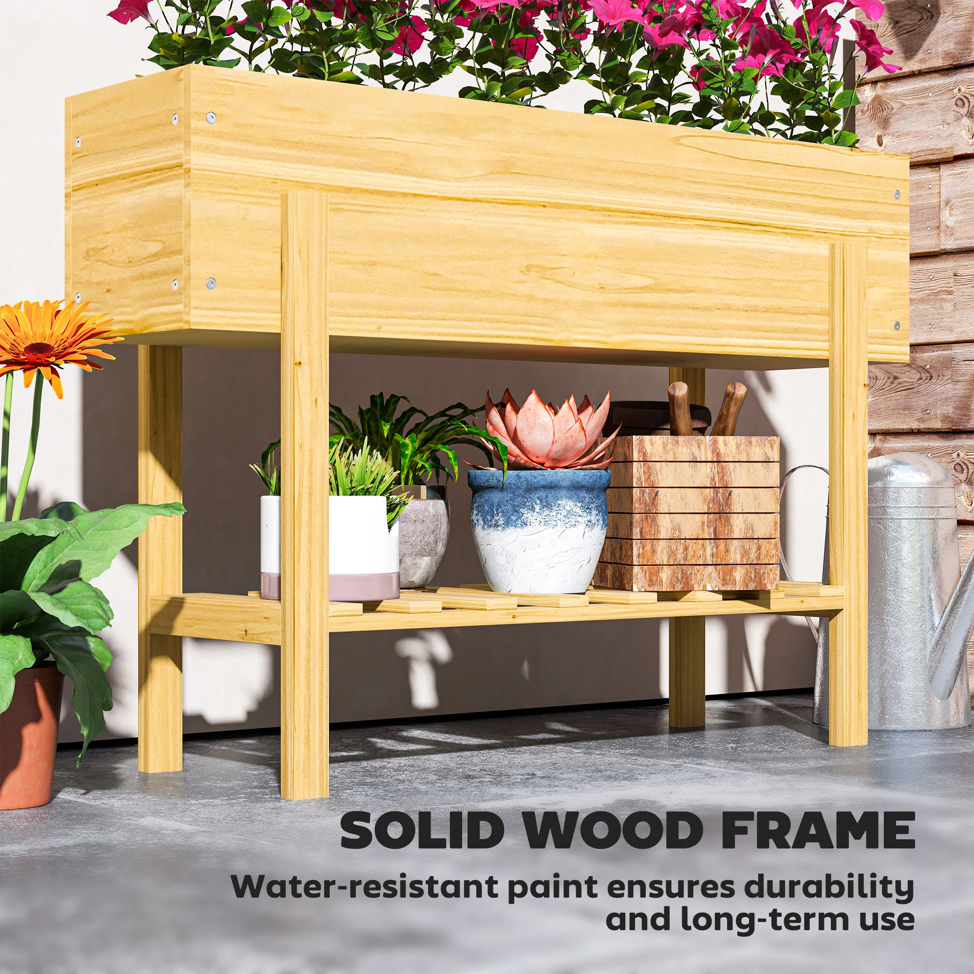 Wooden Raised Garden Bed with Bed Liner, Storage Shelf, Natural Wood Finish