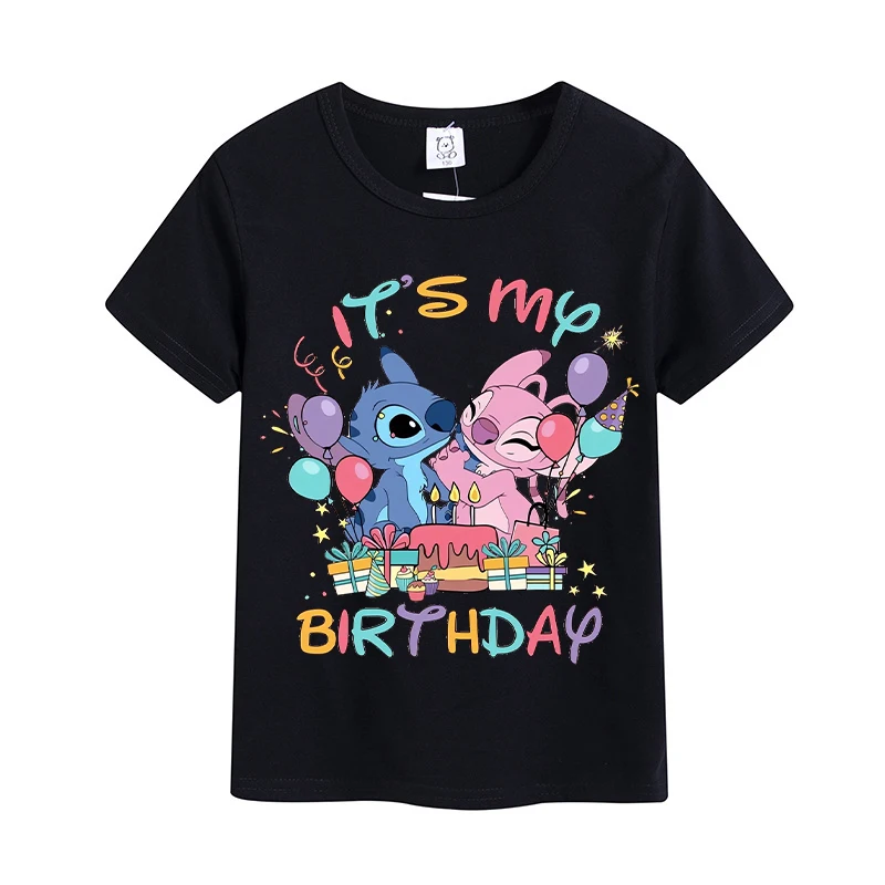 Stitch Disney Children Birthday T-shirts Kawaii Disney Cartoon Printed Kids Tops Boy Girl Short Sleeves 2024 Baby Summer Clothes