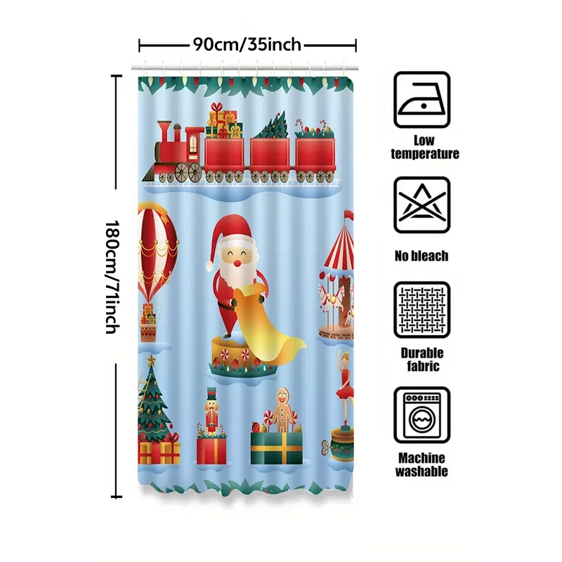 GAETU Christmas Shower Curtain Festive Holiday Bathroom Decor Reindeer Santa Claus Pattern Waterproof Fabric Washable Home Dec