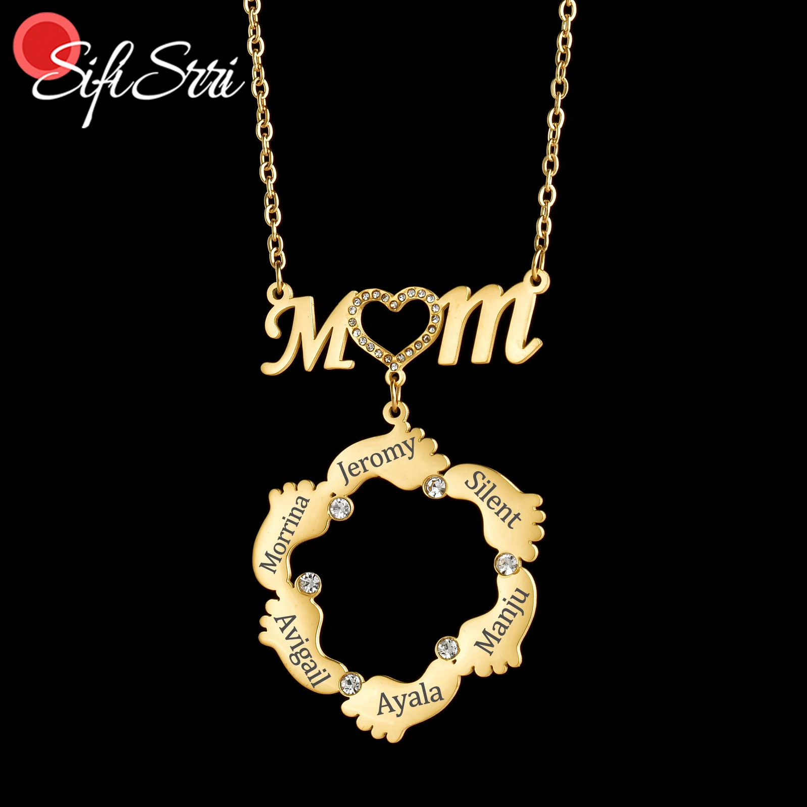 Sifisrri Personalized Custom Name Necklace For Women Family Zircon Heart Foot Stainless Steel Mother Kids Unisex Jewerly Gifts