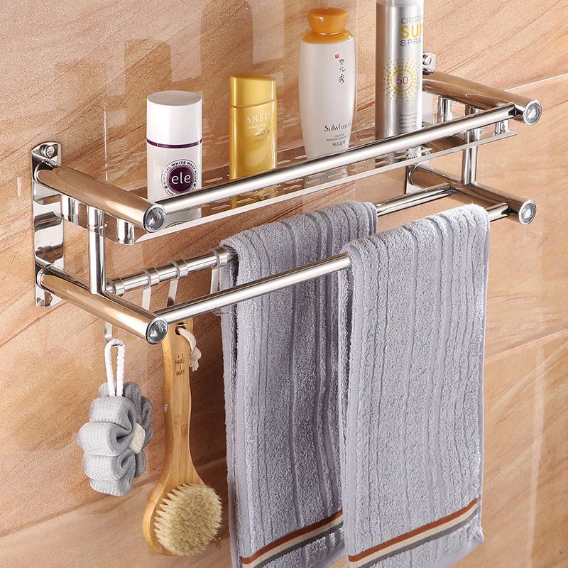 

Towel Rack Punch-Free Shower Holder Bathroom Accessories Folding Wall Organizer Hook Hanger Matte Black Aluminum Storage Shelf