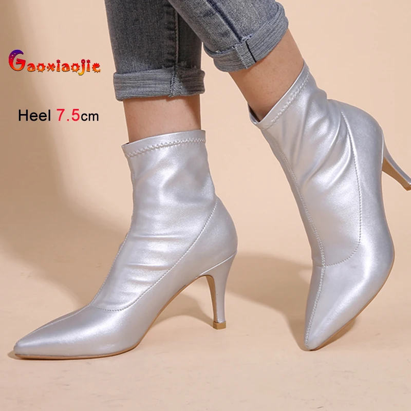

New 7.5cm High Heels Women's Boots Silver Pointed Toe Thin Heel Summer Short Boots Ladies Fashion Versatile Street Single Boots