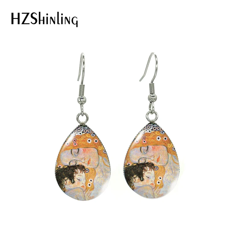 2020 New Gustav Klimt Kiss Painting Tear Drop Stainless Steel Earrings Golden Tears Mother and Baby Paintings Fish Hook Earrings