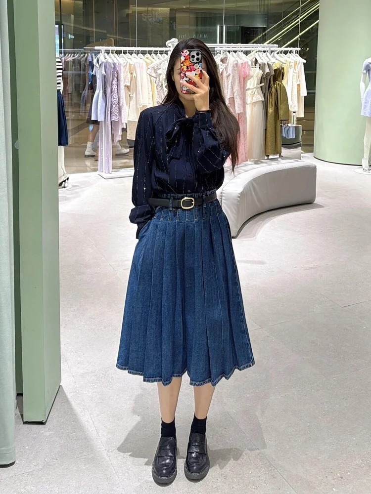 

Джинсовая юбка с талией в стиле ретро, женская весенняя новая модная повседневная универсальная плиссированная юбка-миди с высокой талией Ele Sle