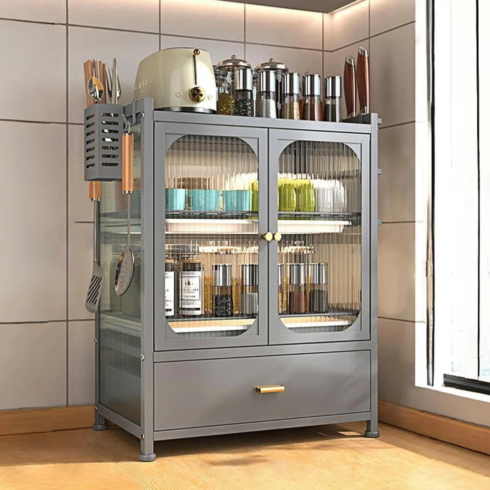 สีเทา 3 ชั้นเหล็กจานแห้งสําหรับเคาน์เตอร์ครัว,Drainer Rack เคาน์เตอร์ครัวผู้ถือภาชนะ W/ลิ้นชักจานตู้