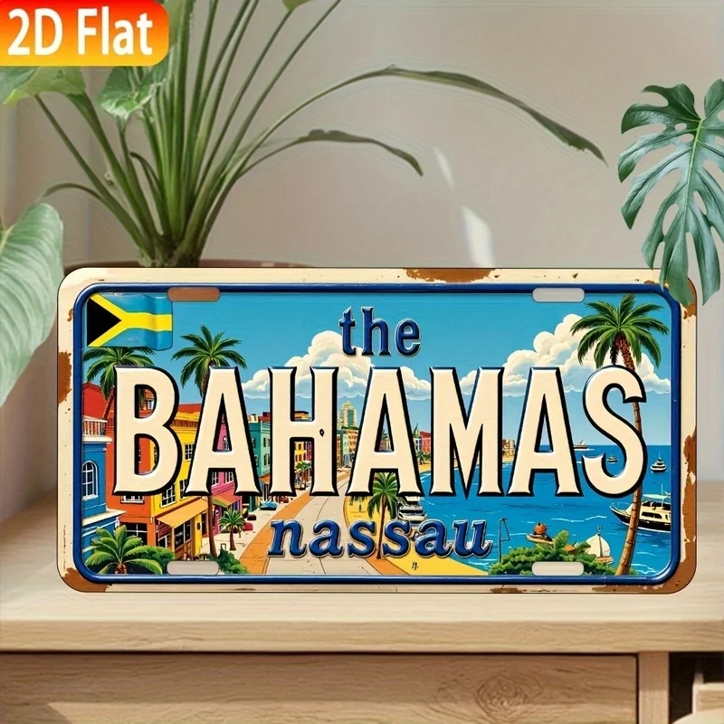 2D Flat, for Decoration Solely, Bahamas Nassau Tropical Island Travel Design Decorative License Plate Style Wall Sign, Retro Pla