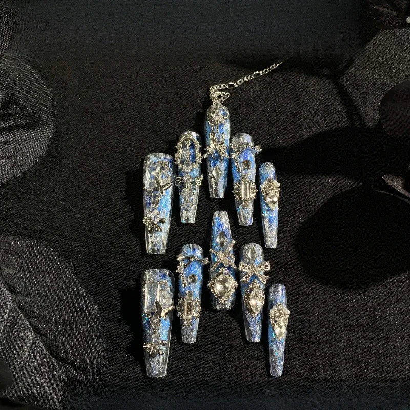 

Hand-worn detachable manicure extra long T-tip blue silver chain constellation