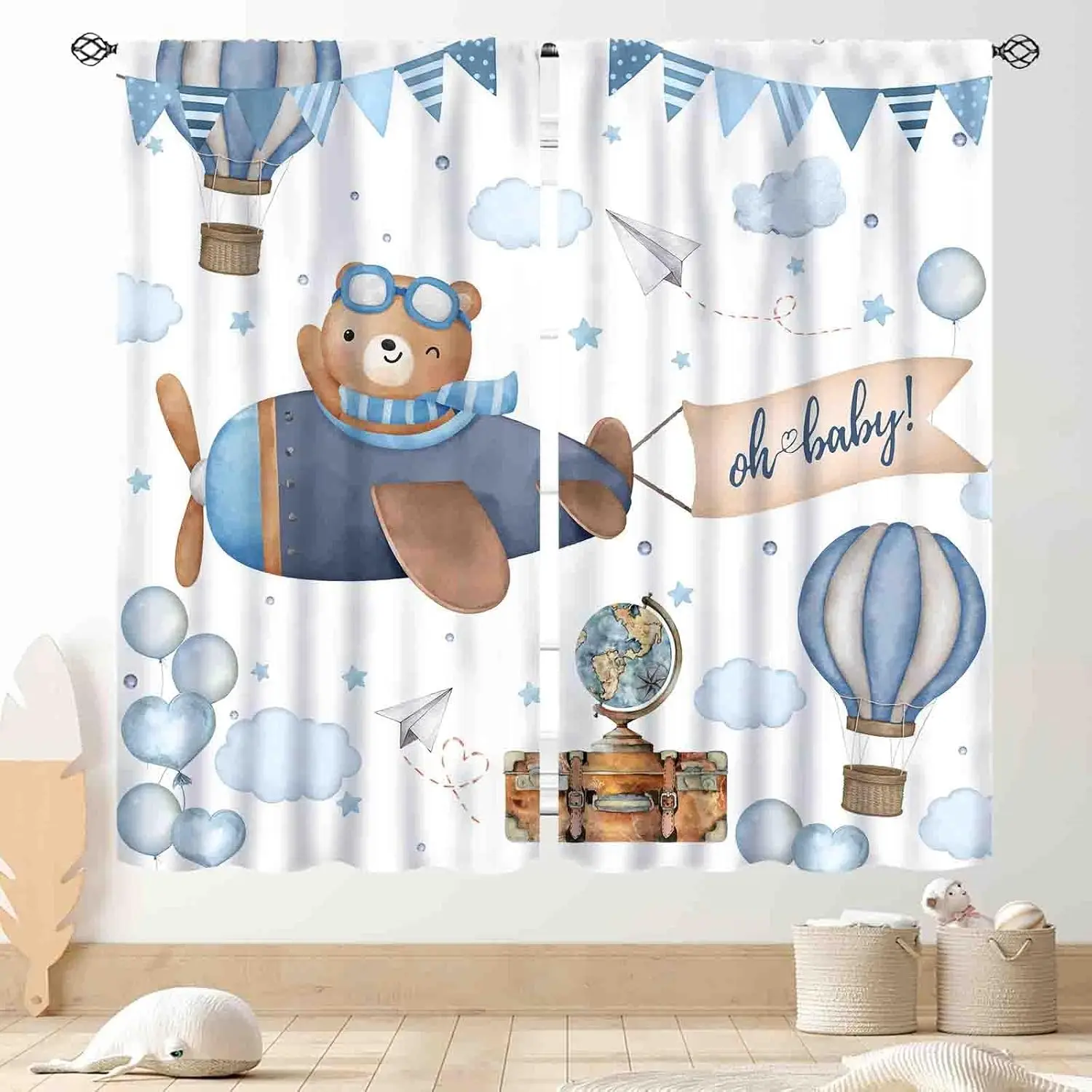 Cute Bear Airplane Curtains Hot Air Balloon Print with Oh Baby for Kids Room Nursery Decor