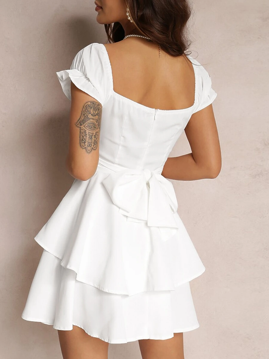 Minivestido feminino com manga bufante, cor sólida, gola quadrada, laço, babados, bainha em camadas, linha a, vestido fairycore streetwear