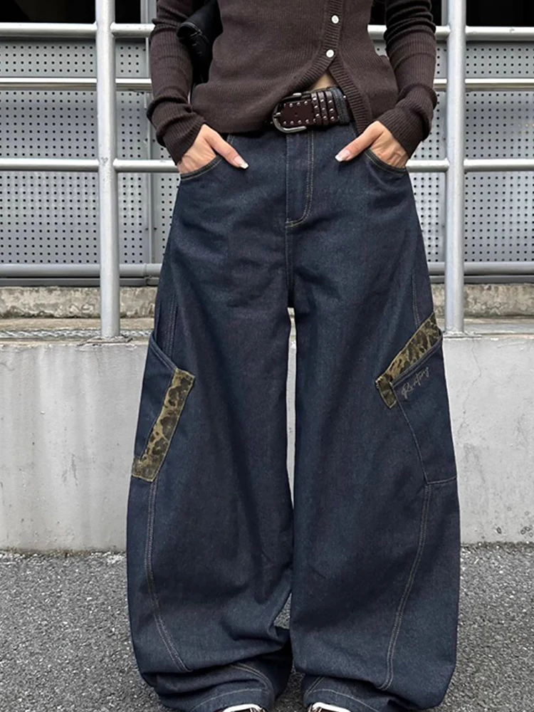 

Harajuku камуфляжные леопардовые лоскутные джинсовые брюки в американском стиле винтажные свободные Y2K женские уличные широкие джинсы