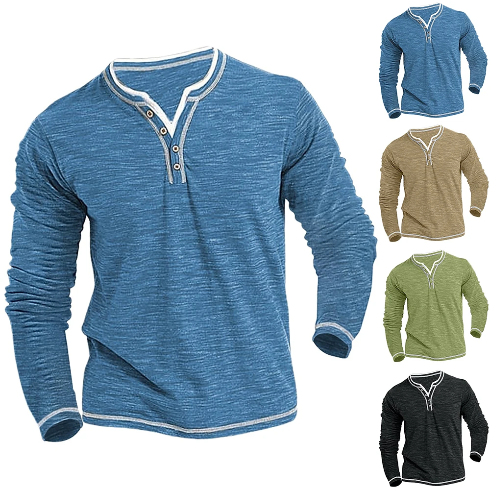 Primavera/autunno nuovi uomini Casual Top Fashion piccolo scollo a v manica lunga Henley t-shirt di alta qualità pendolare Streetwear Top maschile