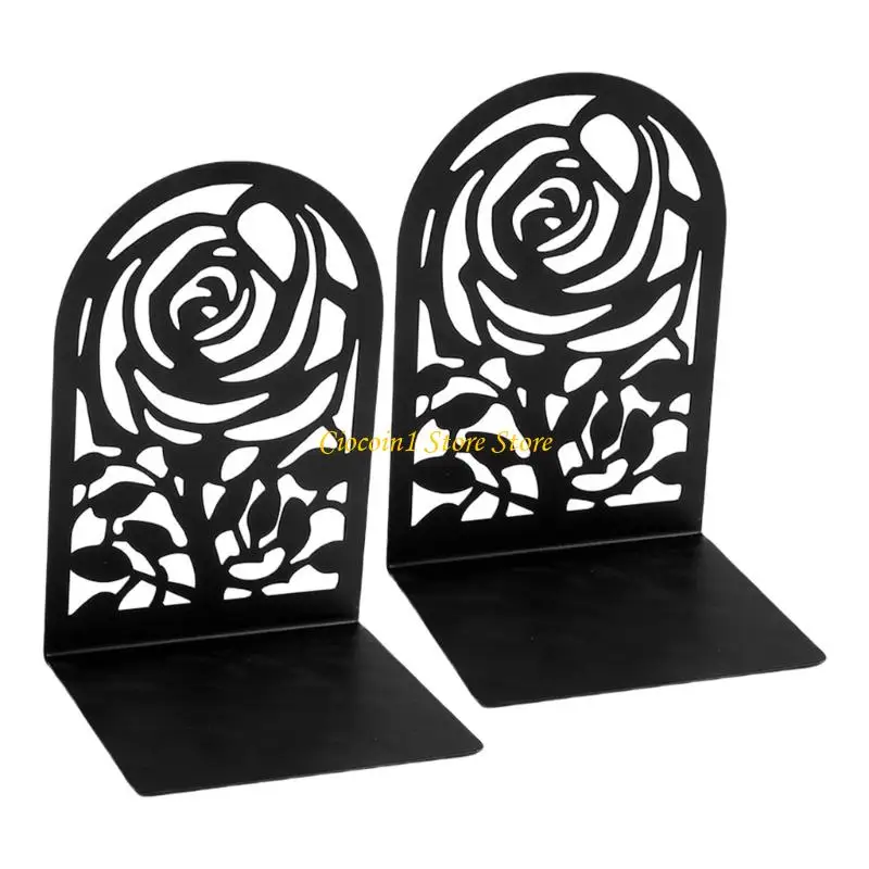 A3PC 1Pair Metal Book End For Shelves Hollowed Flower Bookend Slip Resistant Desktop Book Stopper For School Office Library