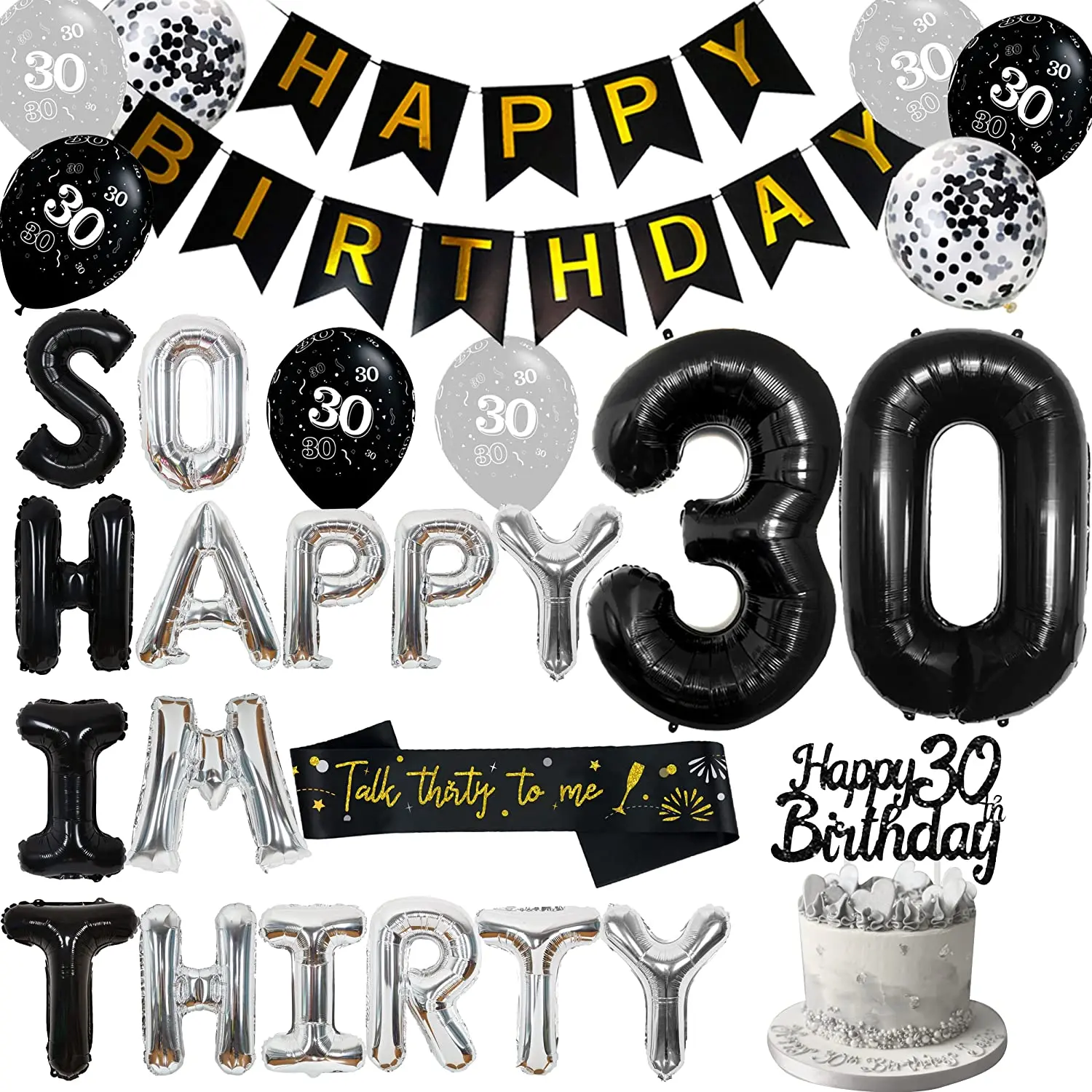 

Funmemoir Black Silver 30th Birthday Party Decorations So Happy IM Thirty Balloons Banner Cake Topper Talk Thirty To Me Sash Kit