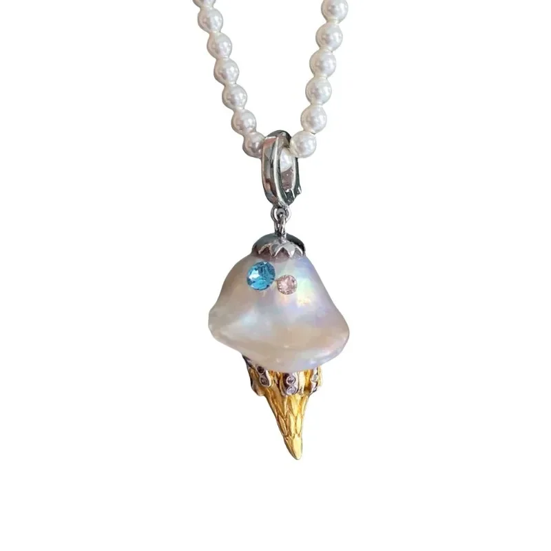 

18K Real Gold Plated Pearl Ice Cream Pendant Summer Minimalist Dainty Crystal Necklace for Women Girls Gift for Her