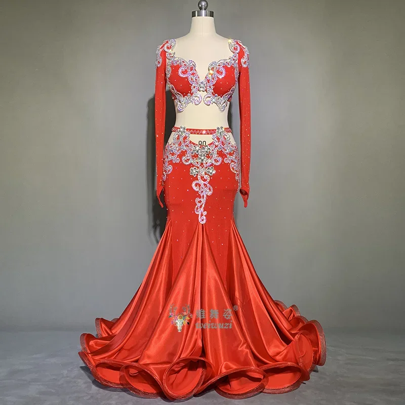 Belly Dance Performance Set Long sleeves Elegant Bra+buttocks Fishtail Skirt Original Suit for Women Bellydancing Wear Outfit