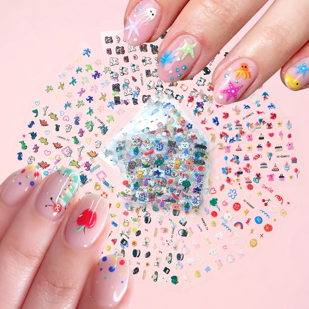 

30Pcs Kawaii Cartoon Summer Fruit Animal Nail Stickers Shiny Starfish/Fish/Cat/Ice Cream Vacation Nail Art Decal Manicure Slider