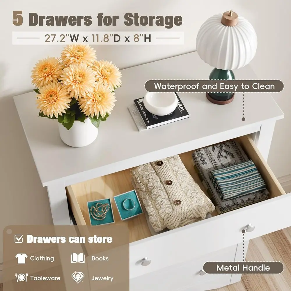 Cômoda alta branca com 5 gavetas para armazenamento de quarto e corredor