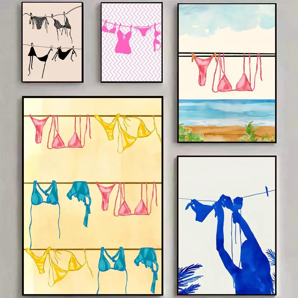 Bikini On Clothesline Art Poster Home Bar Wall Art Sticker Waterproof Self-Adhesive Mural for Living Room Bedroom Decor