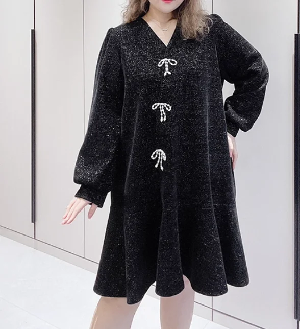 Große Größe Weiblichen Frühling Herbst Spleißen Rüschen Elegante V-ausschnitt A-linie Fee Kleid Süße Lose Langarm Schwarz Freizeit Kleider