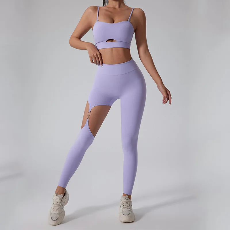 

Весенне-летний женский спортивный костюм для йоги, тонкие бретели, майка + высокая талия, ажурные леггинсы, эластичный комплект для тренировок в тренажерном зале, фитнесе