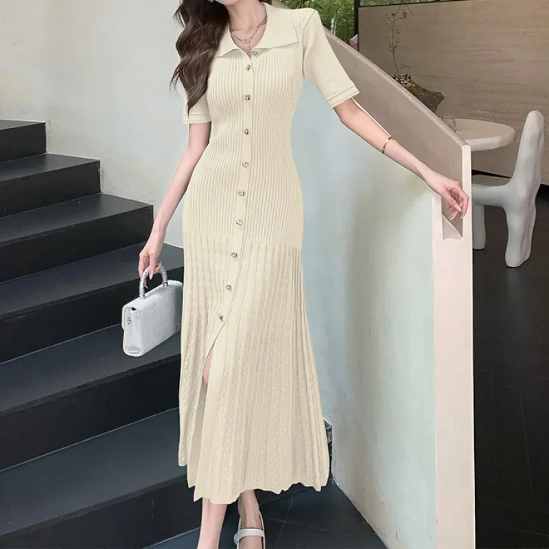 

NICE, лето 2022, женское трикотажное платье в Корейском стиле с воротником-поло и короткими рукавами, утягивающее длинное платье длиной до щиколотки с застежкой талии