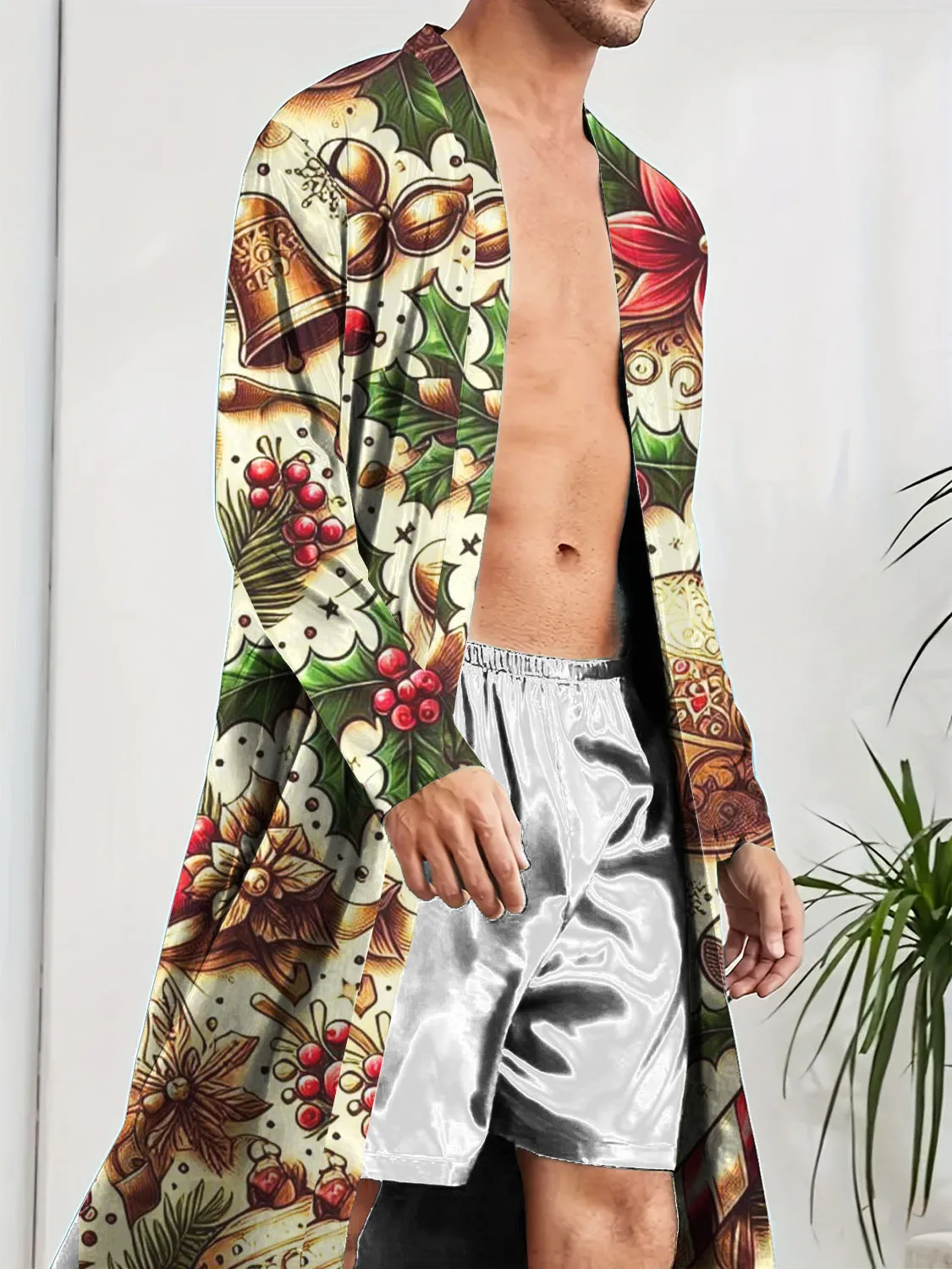 

3D Digital Printed Men's Fun Sleepwear Christmas Elements Quick Drying Casual Robe, Spring and Autumn Men's Home Nightgown