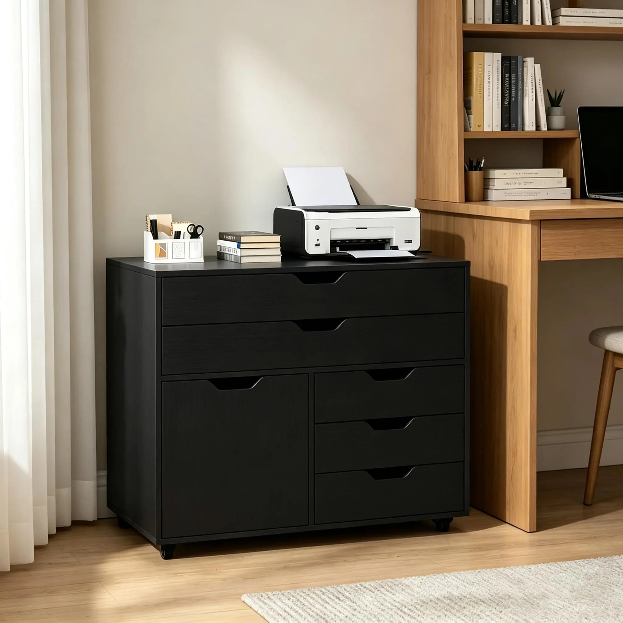 5-Drawer Mobile File Cabinet, Wood Office Storage Cabinet (Black)