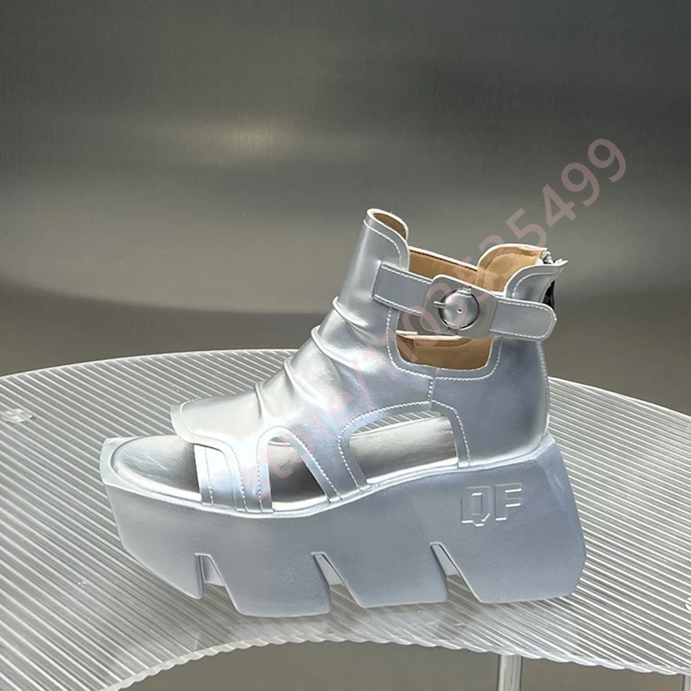 Open Toe Platform Ankle Sandal Boots Women Cutout Ruched Buckle Strap Back Zipper Jagged Chunky Sole Y2K Summer Fashion Shoes