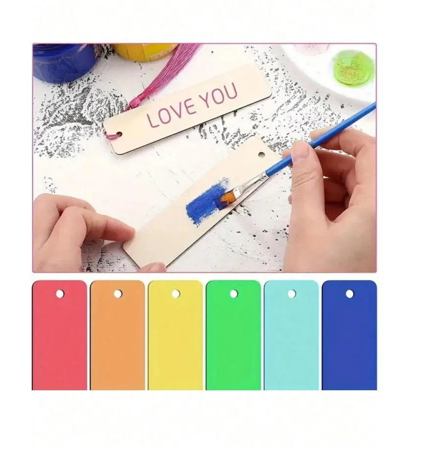 20pcs Wooden Blank Bookmarks Laser Cut Wooden Pendants DIY Wooden Crafts Bookmarks Wooden Square Tags (10 Bookmarks 10 Tassels)
