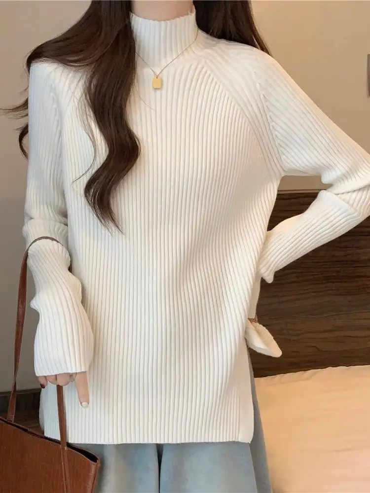 

Thiened вязаный базовый свитер irt, женский осенне-зимний новый свободный облегающий свитер средней длины с высоким воротником