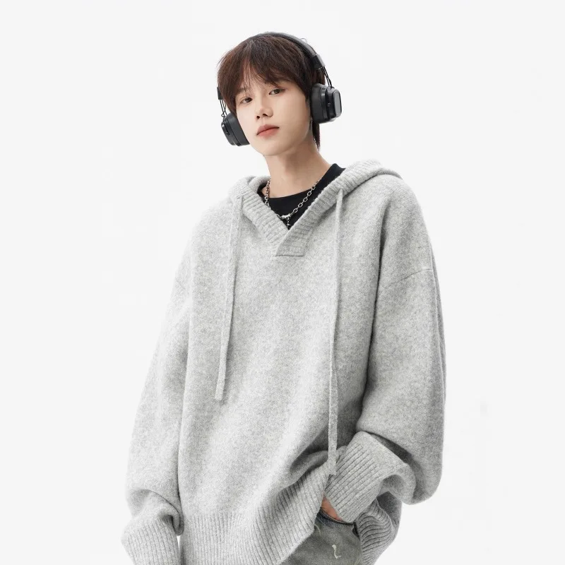 

Американский вязаный свитер с капюшоном для мужчин, осенний брендовый серый свитер с цветочным принтом для пар, универсальный топ в ленивом стиле High Street