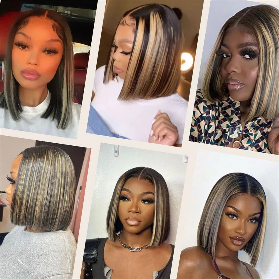 FB/27 Balayage Highligh Bob Wig Human Hair 13x4 HD Lace Front Wig Human Hair Pre Plucked with Baby Hair 200% Density Ombre Color