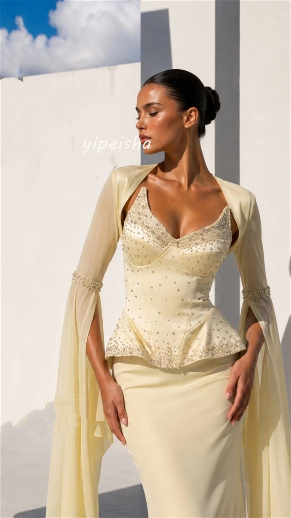 Customized Elegant Women Jersey Rhinestone Ruched Straight Evening Dress Modern Style Strapless Long Sleeves Ankle Length Dress
