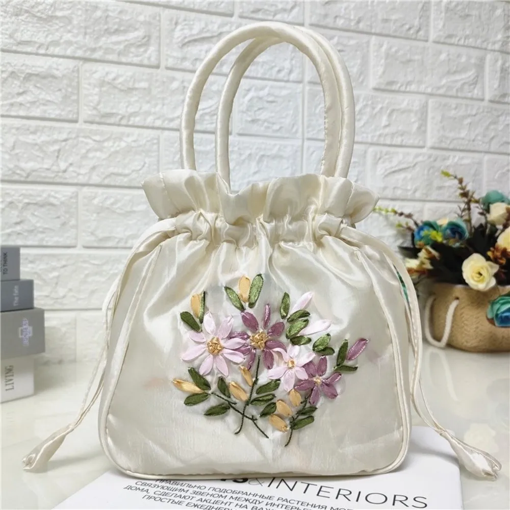 Embroidered Flower Pattern Women Bucket Bag Small National Style Top Handle Bag Dacron Phone Bag Drawstring Bag Daily Use