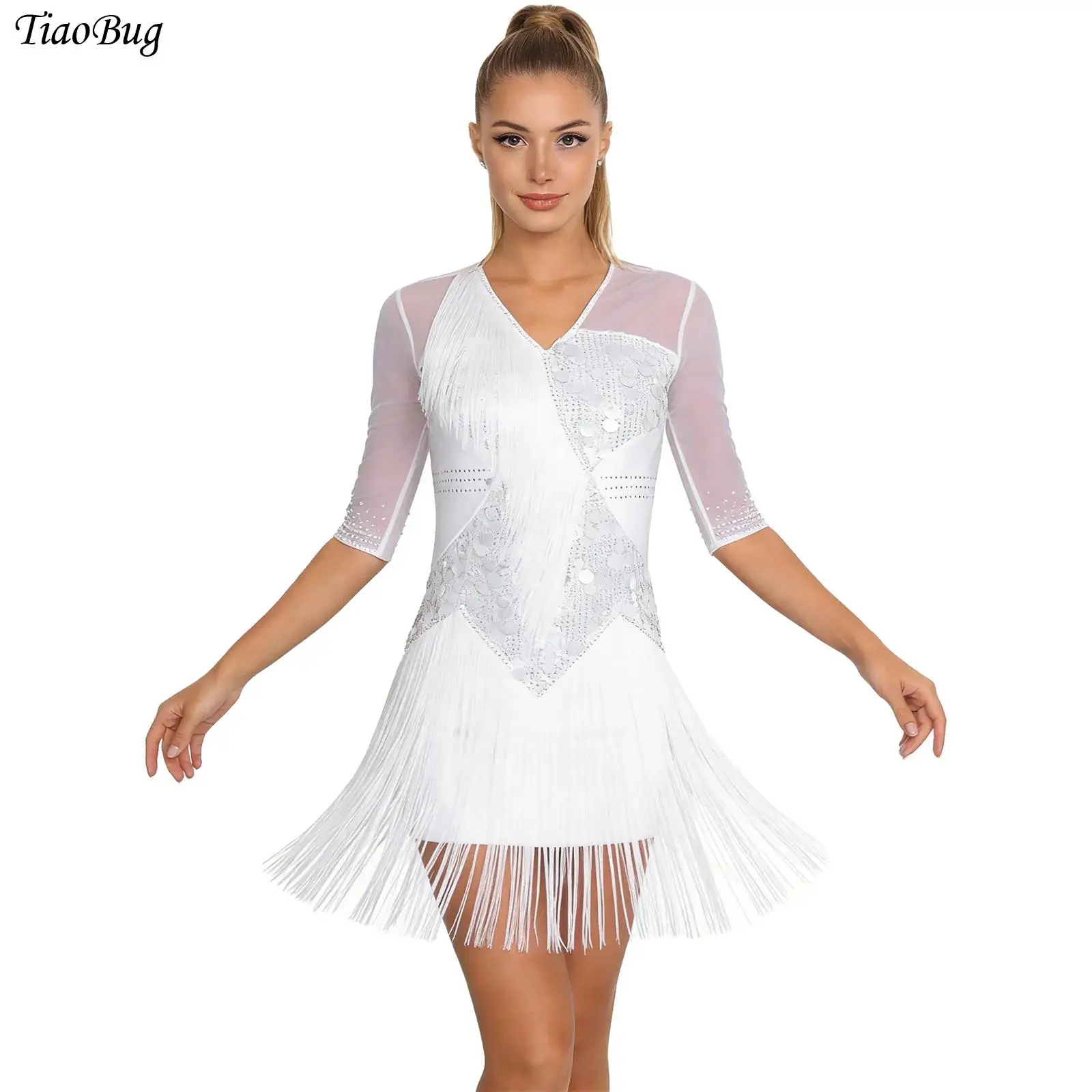 

Womens Rhinestones Tassels Latin Dance Dress Half Sleeve Glitter Sequin Cha-cha Tango Salsa Dance Figure Skating Leotard Costume