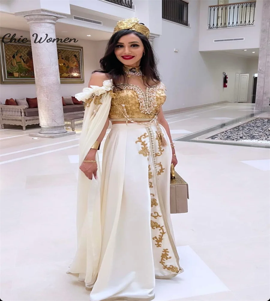 Indian Moroccan Evening Dress With Cape Sleeve Sexy Two Piece Arabian Dubai Prom Dress With Gold Lace Beaded Birthday Customized