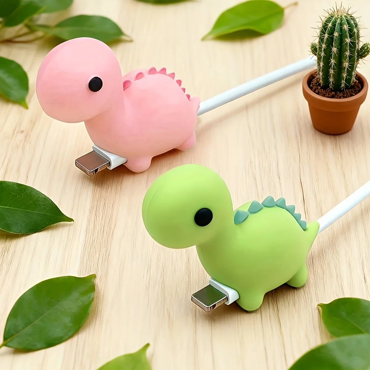Pink and Green Little Dinosaur Cable Protector – Charging Cable Breakage Prevention Sleeve, Universal for Lightning/Type-C