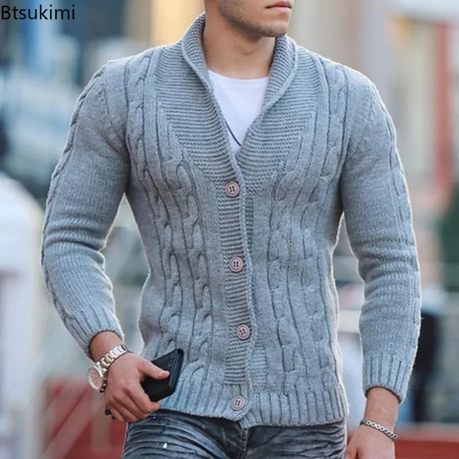 

Autumn Winter Men's Warm Knitted Sweater Solid Single-breasted Twisted Texture Cardigan Lapel Slim Buttoned Thick Sweater Male