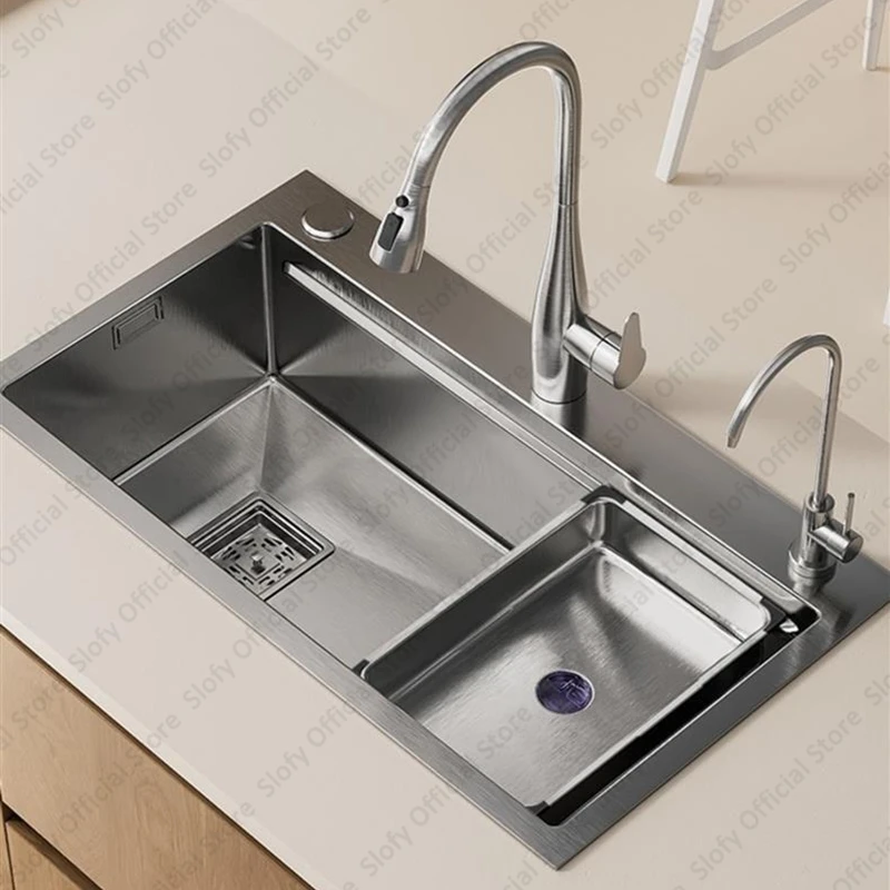 Fregadero de cocina de acero inoxidable, lavabo grande de un solo cuenco, resistente al desgaste, grifo de montaje superior, accesorios de drenaje