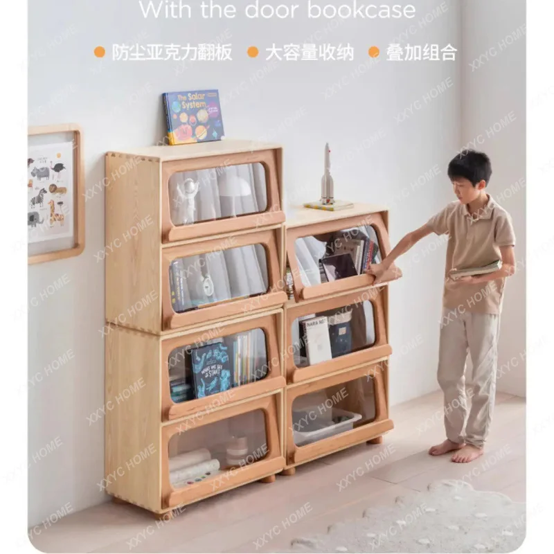 

LAll solid wood children's bookcase dust-proof door can be stacked with living room shelves