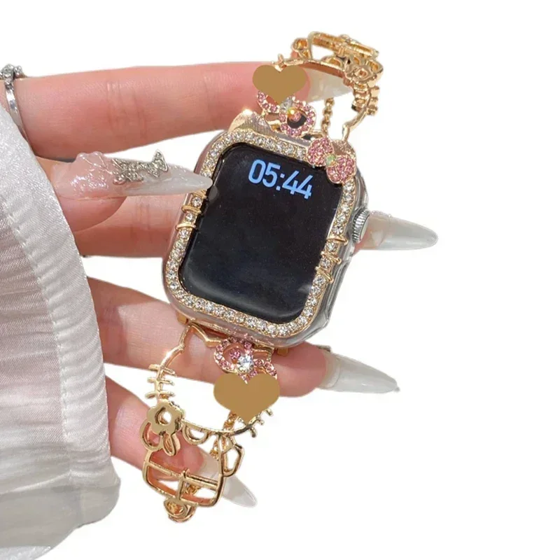 Ladies Diamond Strap for Apple Watch Band 49mm 42mm 40mm 44 45 46 Cute Cat Metal Link Bracelet for IWatch S10 9 8 7 SE with Case